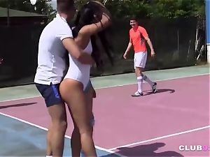 four super-naughty teenagers fellate and boink on tennis court