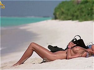 marvelous Bo Derek showcasing off her unshaved vagina at the beach